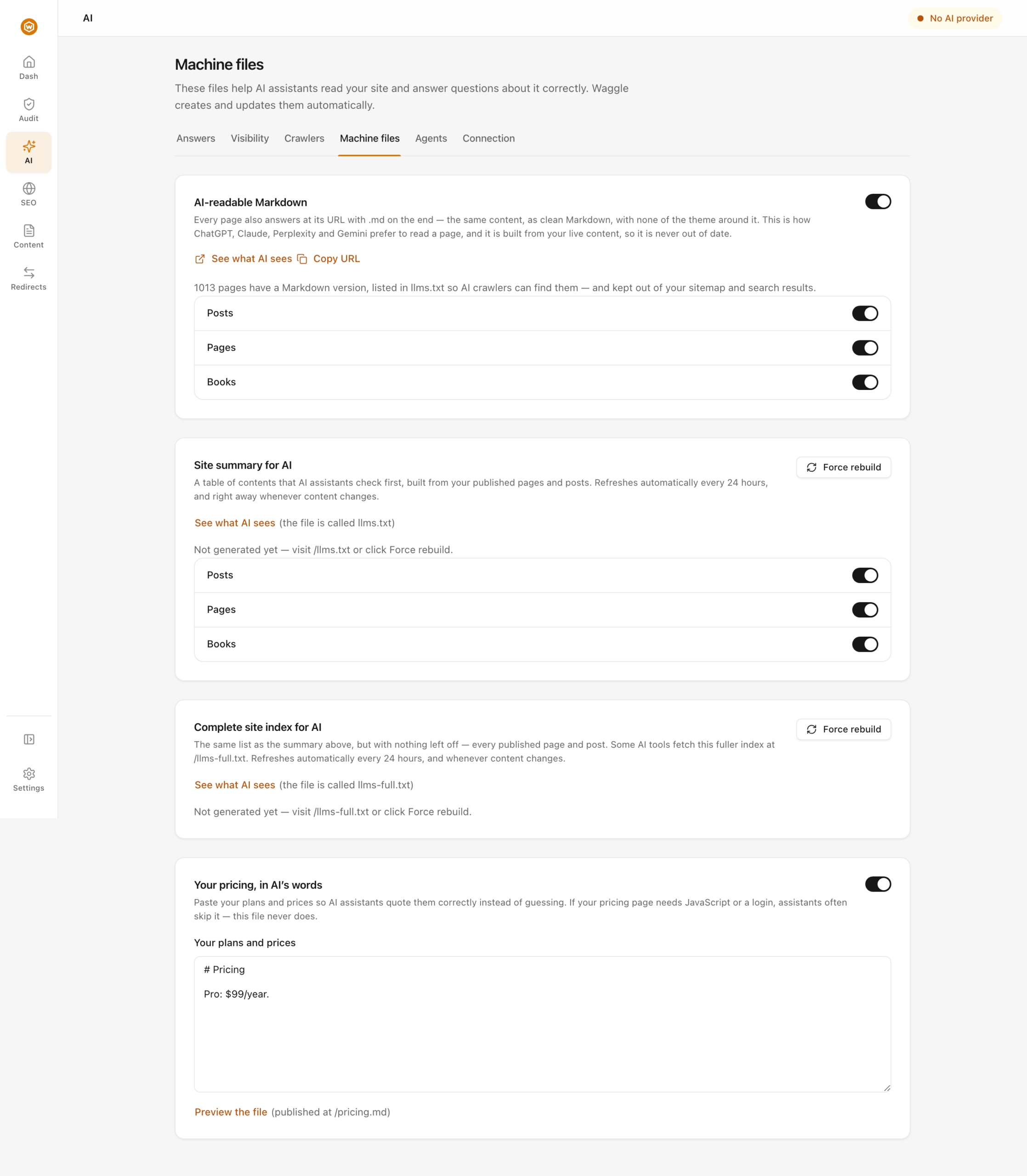 Waggle's Machine files screen showing the AI-readable Markdown, site summary, complete site index and pricing cards