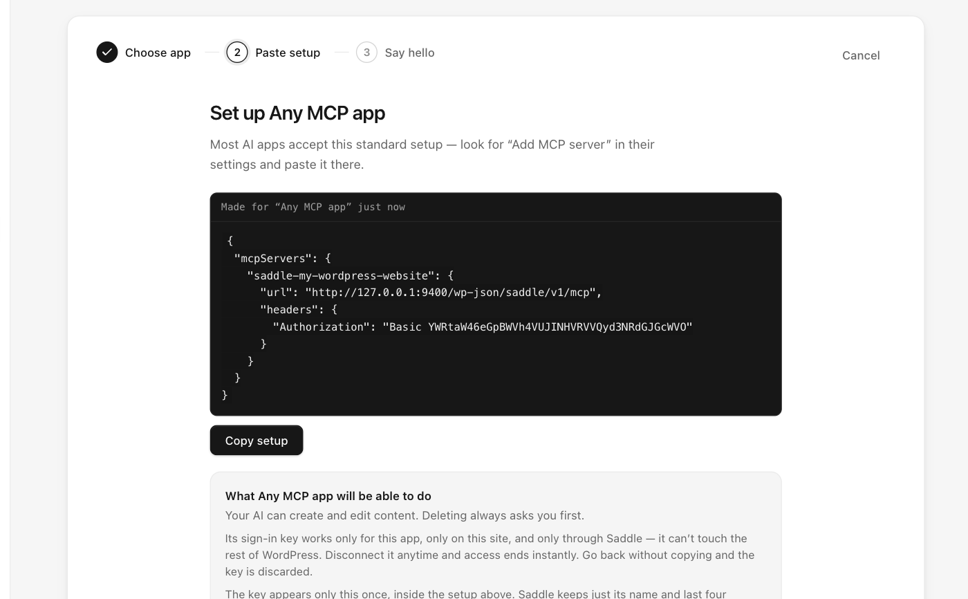 Saddle setup step for any MCP app showing the standard mcpServers JSON configuration