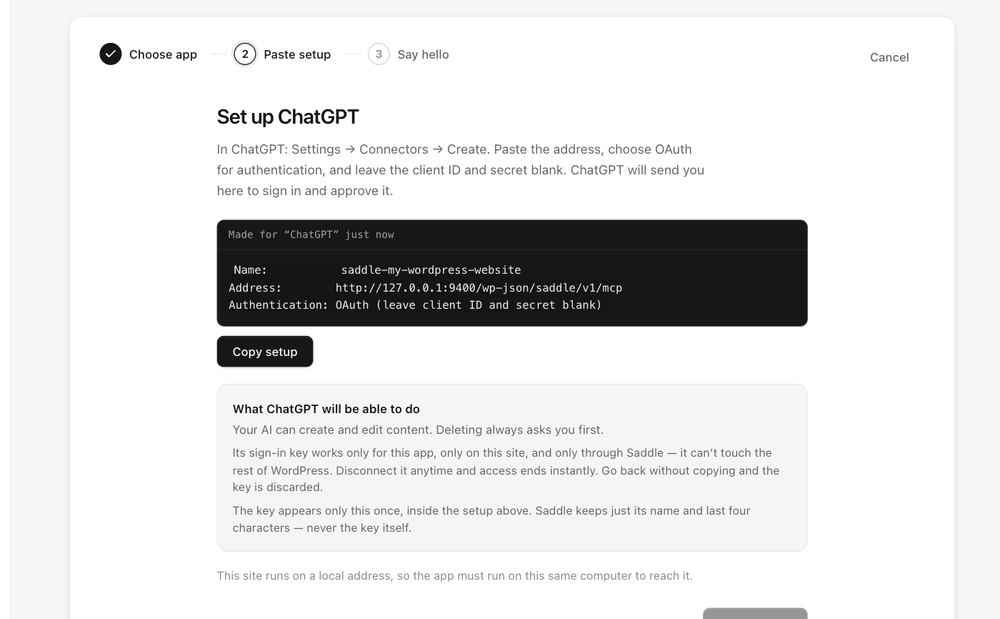 Saddle setup step for ChatGPT showing the connector name, WordPress MCP server address, and OAuth authentication