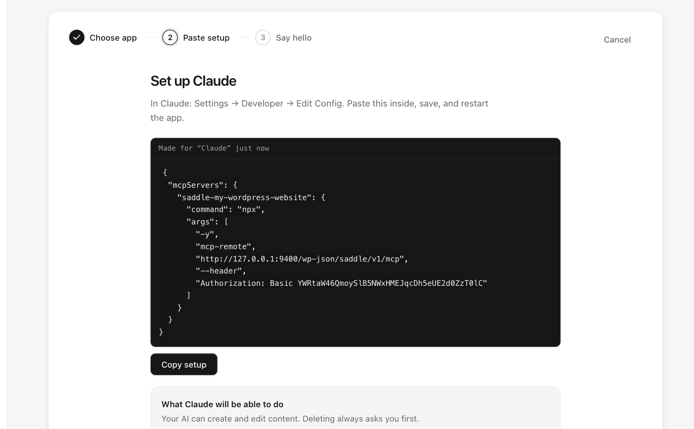 Saddle setup step for the Claude desktop app showing the mcpServers JSON configuration
