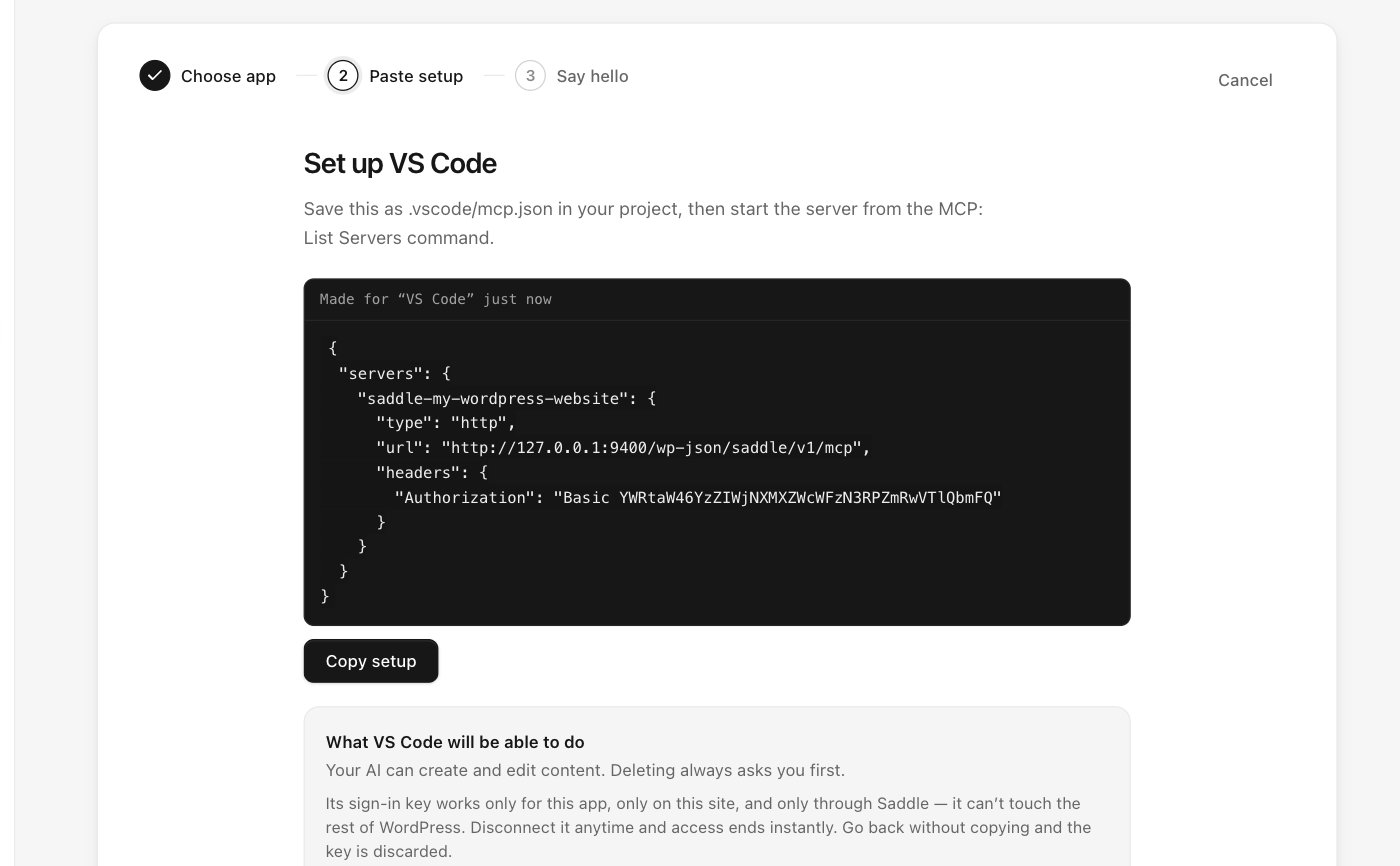 Saddle setup step for VS Code showing the .vscode/mcp.json configuration for Copilot agent mode