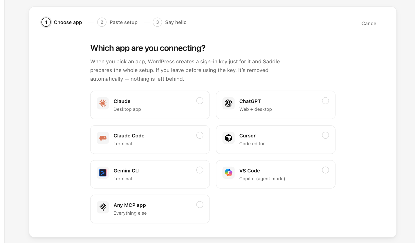 Saddle connect wizard in WordPress showing the Choose app step with Claude, ChatGPT, Claude Code, Cursor, Gemini CLI and VS Code