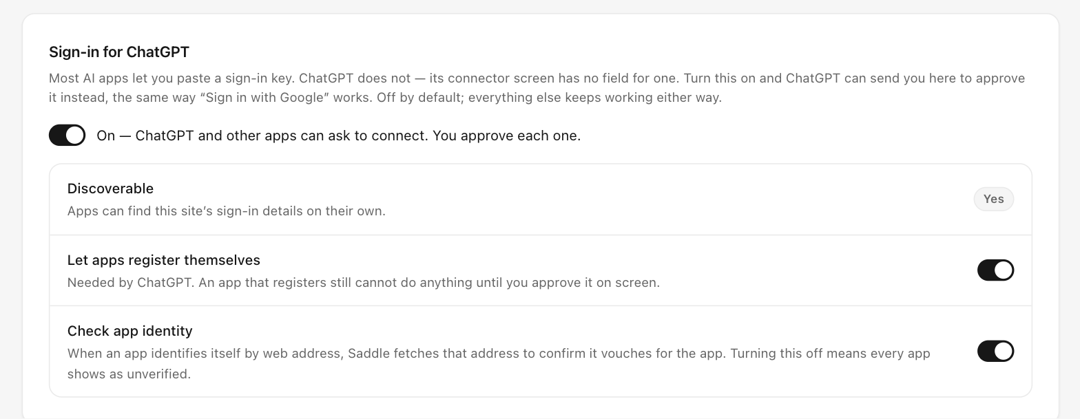 Sign-in for ChatGPT card in Saddle settings with OAuth turned on and app registration enabled