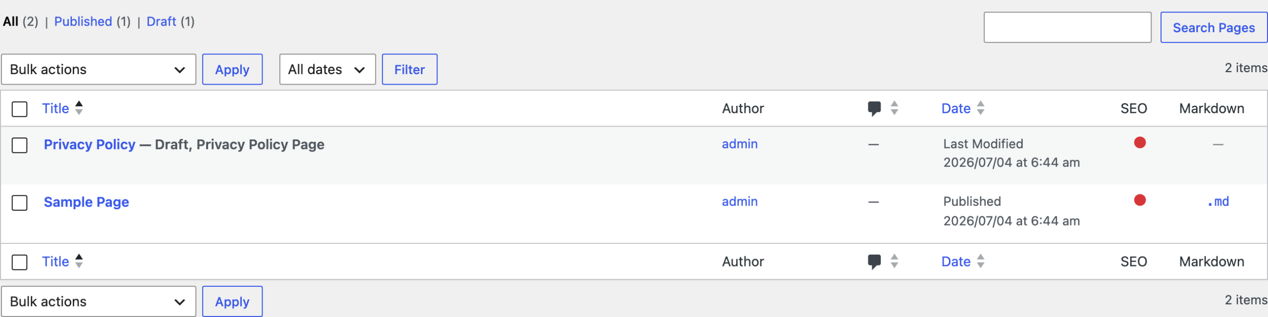 The Pages list with Waggle's Markdown column, showing a .md link for a published page and a dash for a draft