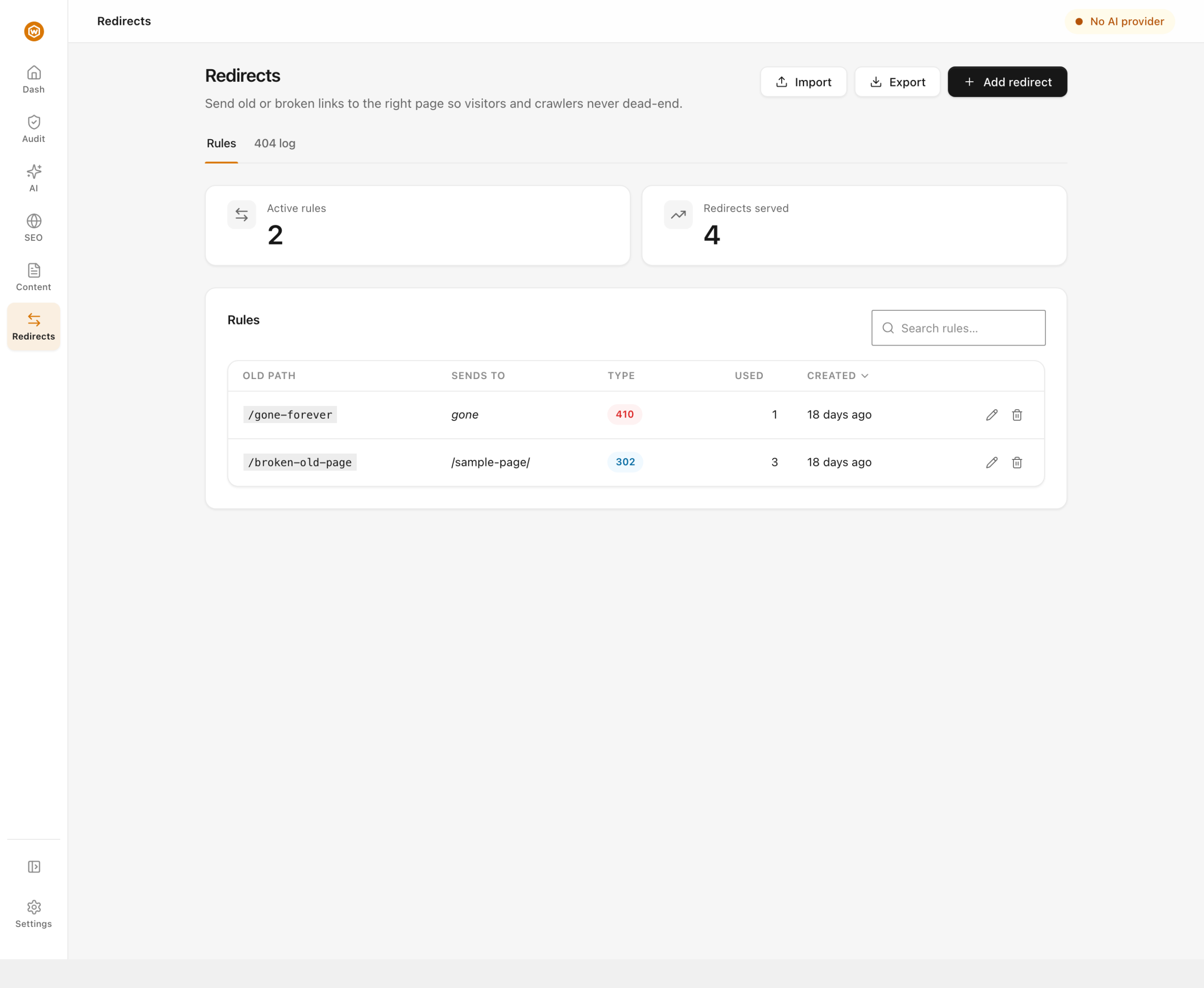 Waggle's Redirects screen listing redirect rules with hit counts