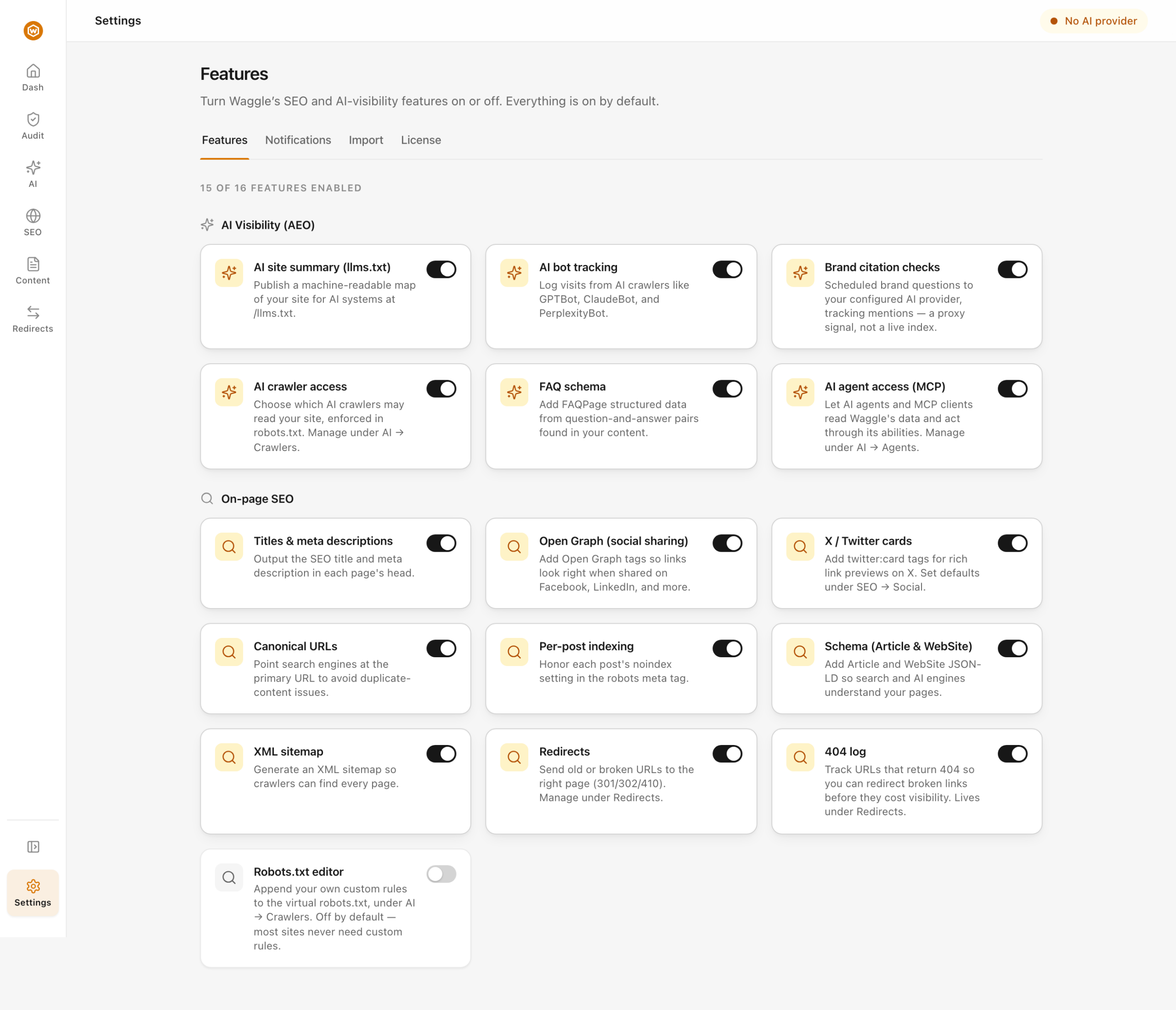 Waggle's Features screen with per-module on/off toggles, AEO features listed first