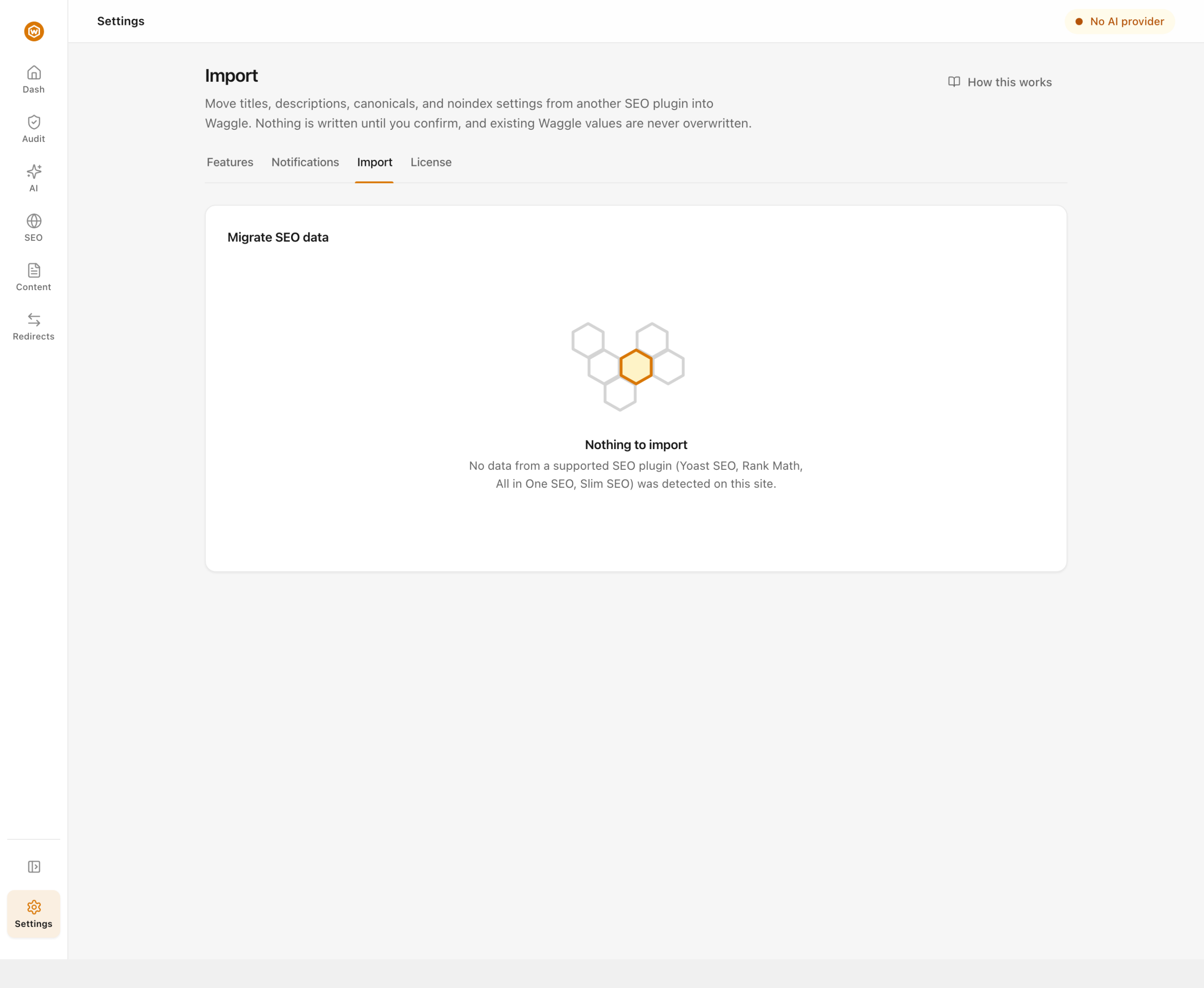 Waggle's Import screen for migrating SEO data from another plugin