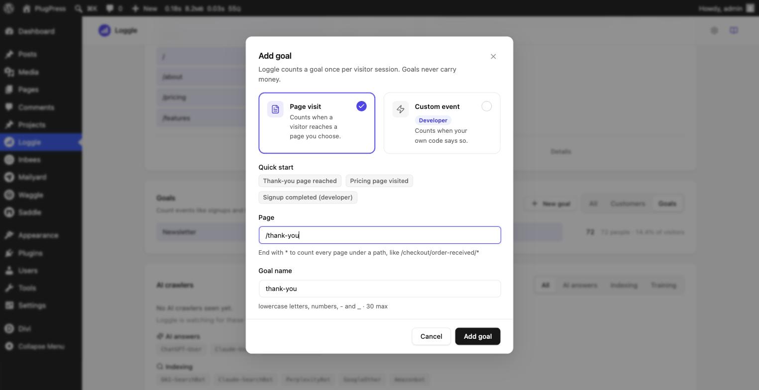 The Add goal window with the page typed as /thank-you and the goal name filled in automatically