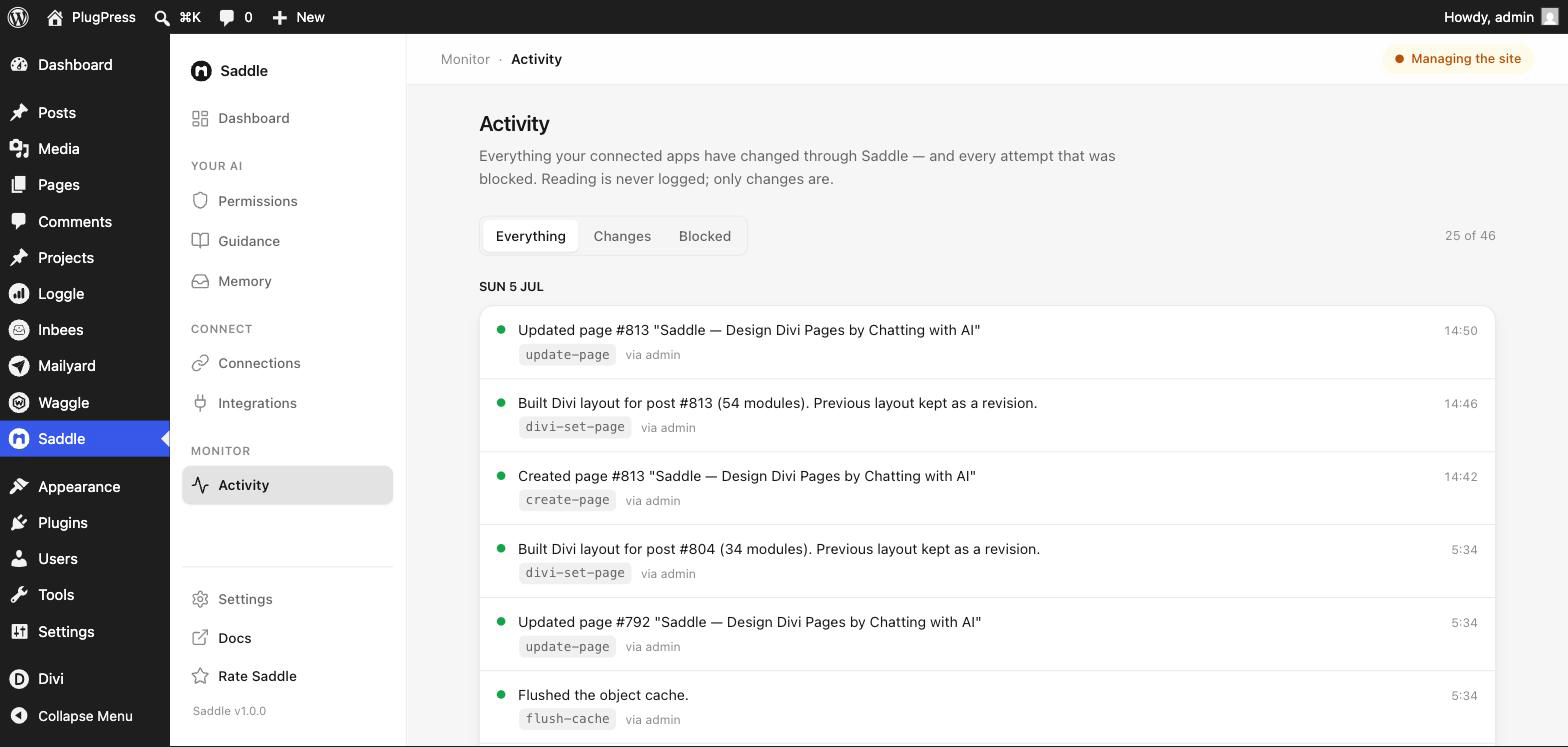 Saddle Activity log listing changes made by connected AI apps, with Everything, Changes and Blocked filters