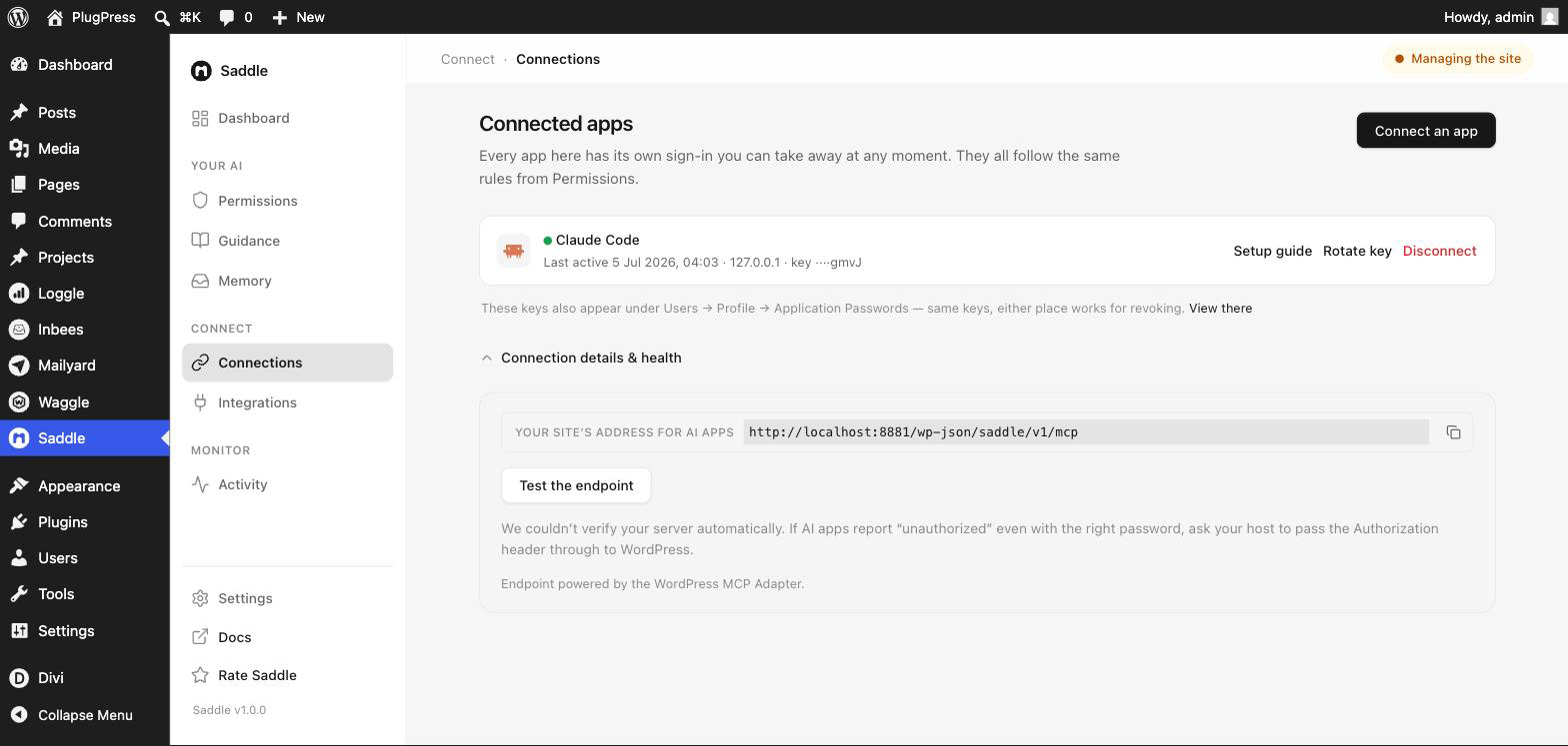 Saddle connection details and health panel showing the site MCP address and the Test the endpoint button
