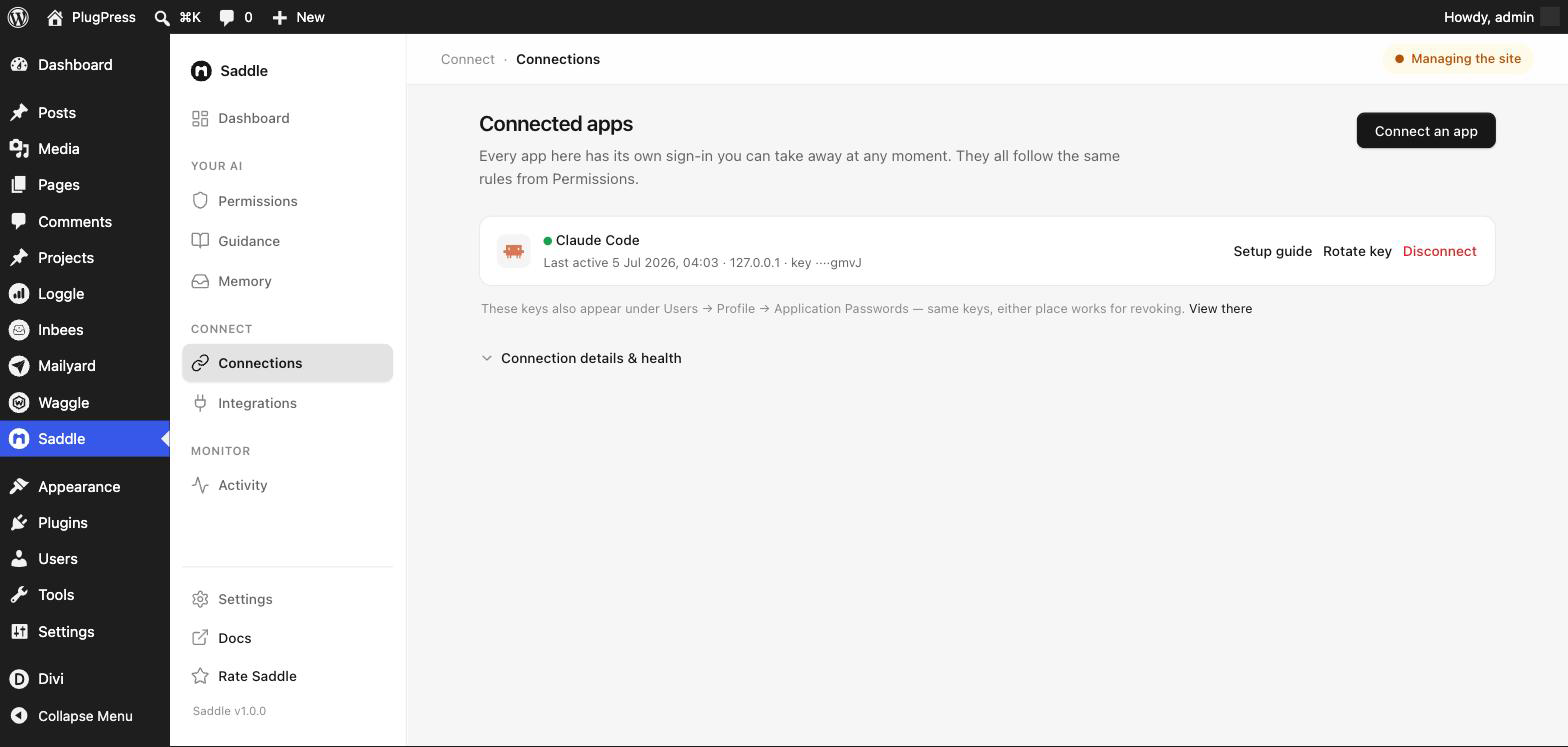 Saddle Connected apps screen showing one connected app with Setup guide, Rotate key and Disconnect actions