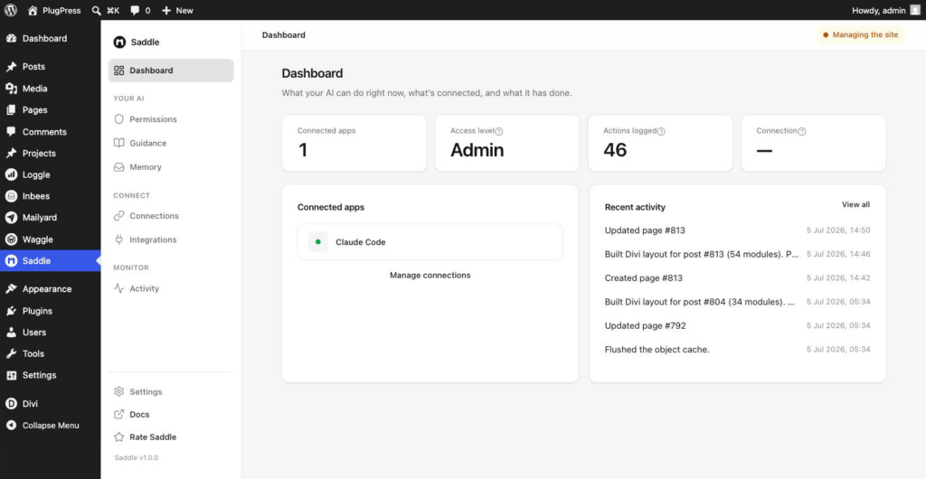 Saddle Dashboard in WordPress showing connected apps, access level, actions logged, and a recent activity list