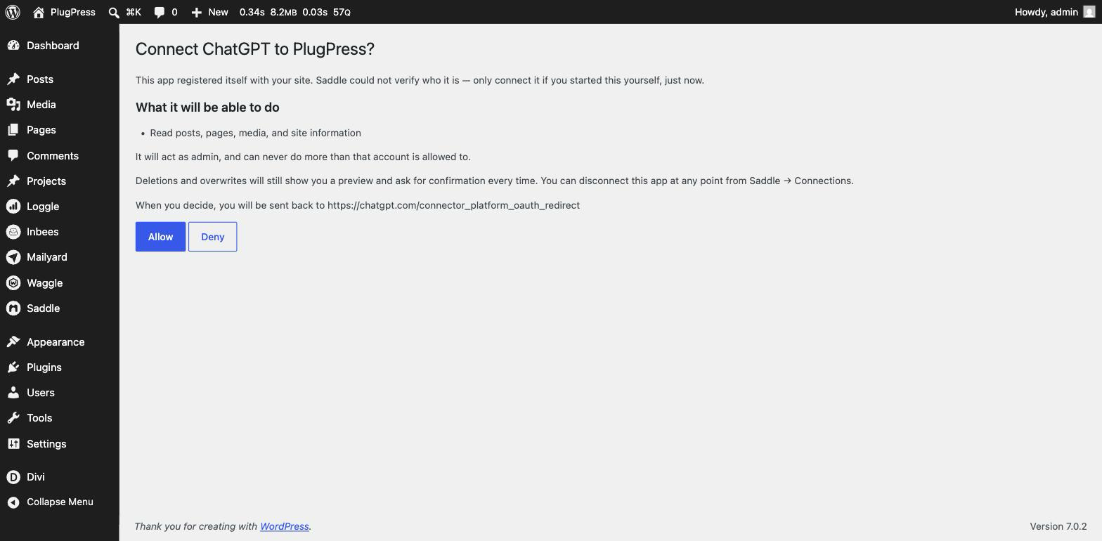 Saddle's OAuth consent screen in wp-admin asking to connect ChatGPT, listing exactly what the app will be able to do, with Allow and Deny buttons
