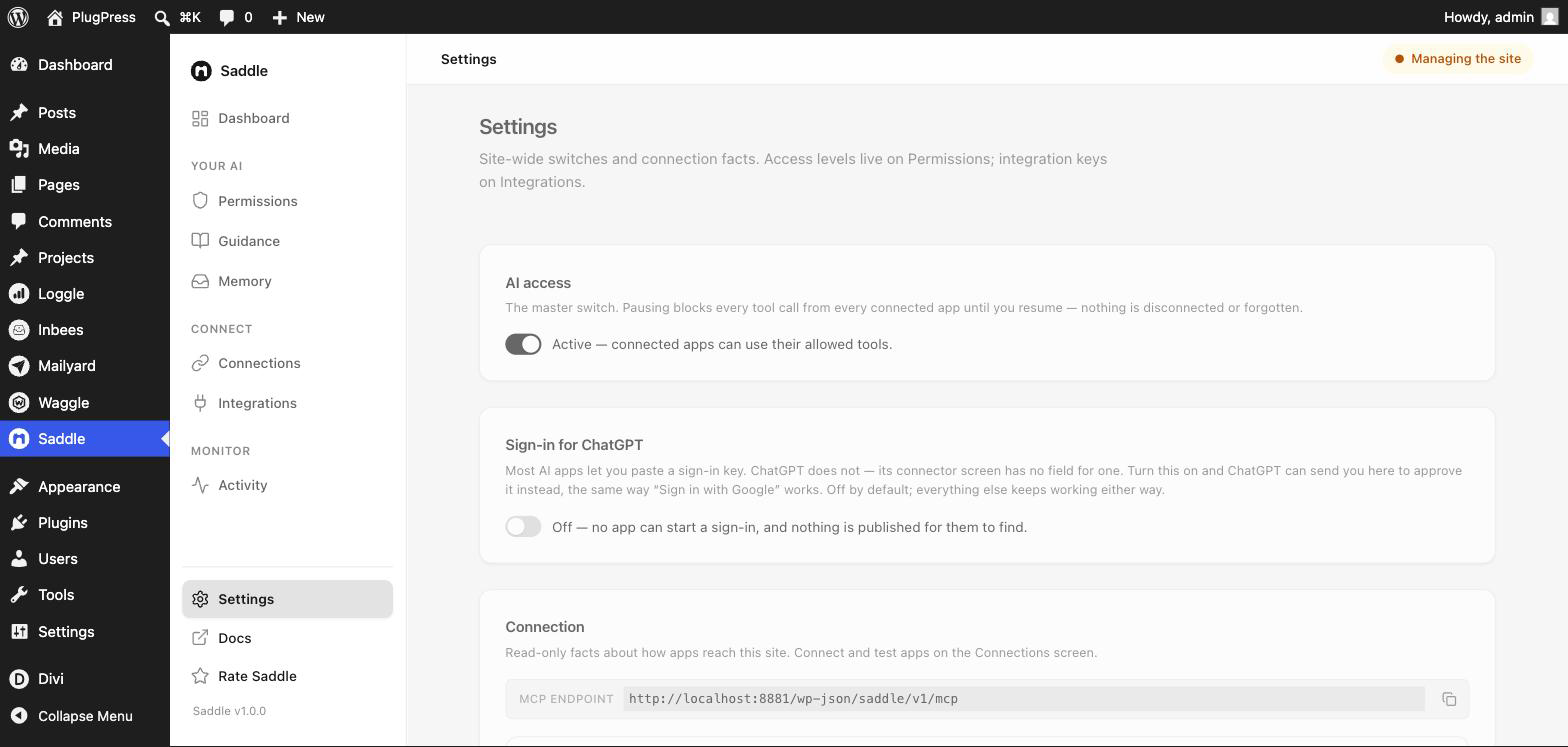 Saddle Settings screen showing the AI access master switch set to Active and Sign-in for ChatGPT turned off