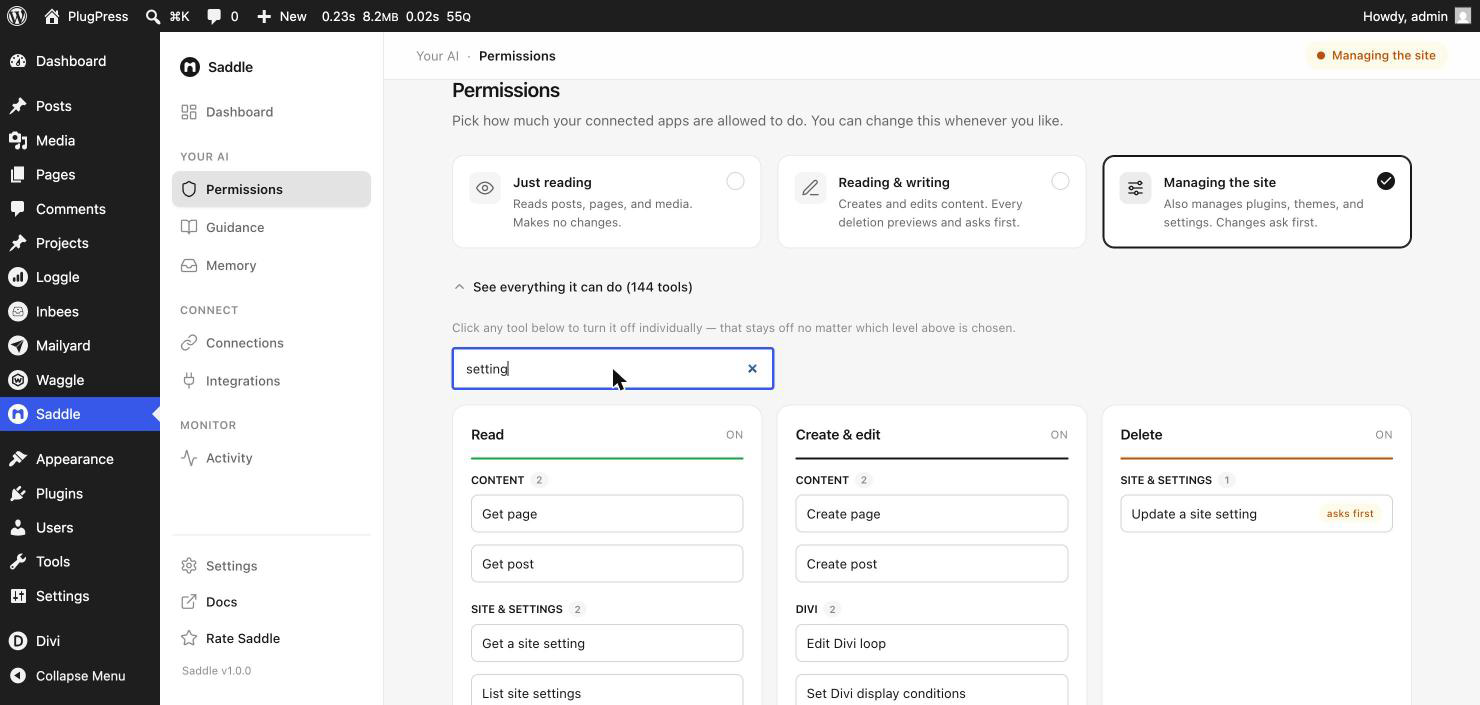 Saddle Permissions filtered to site settings tools — reading a setting is in the Read lane while Update a site setting carries an asks-first badge