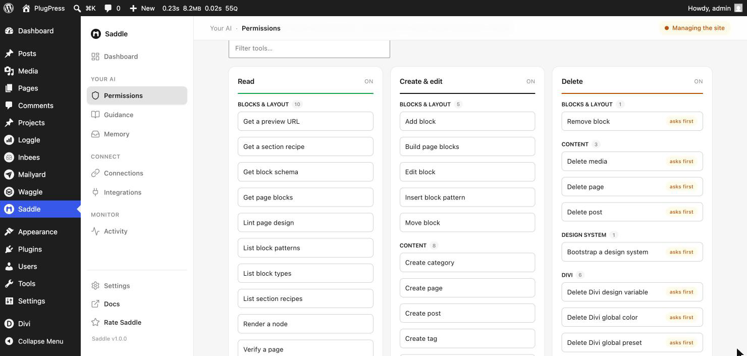Saddle Permissions screen showing tools grouped into Read, Create and edit, and Delete lanes, with asks first badges on destructive tools
