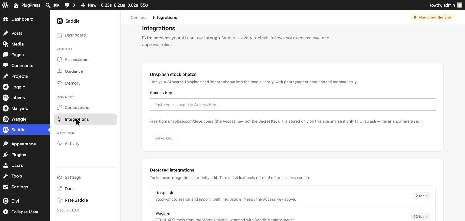 Saddle Integrations screen with the Unsplash stock photos card and its Access Key field, above the list of detected plugin integrations
