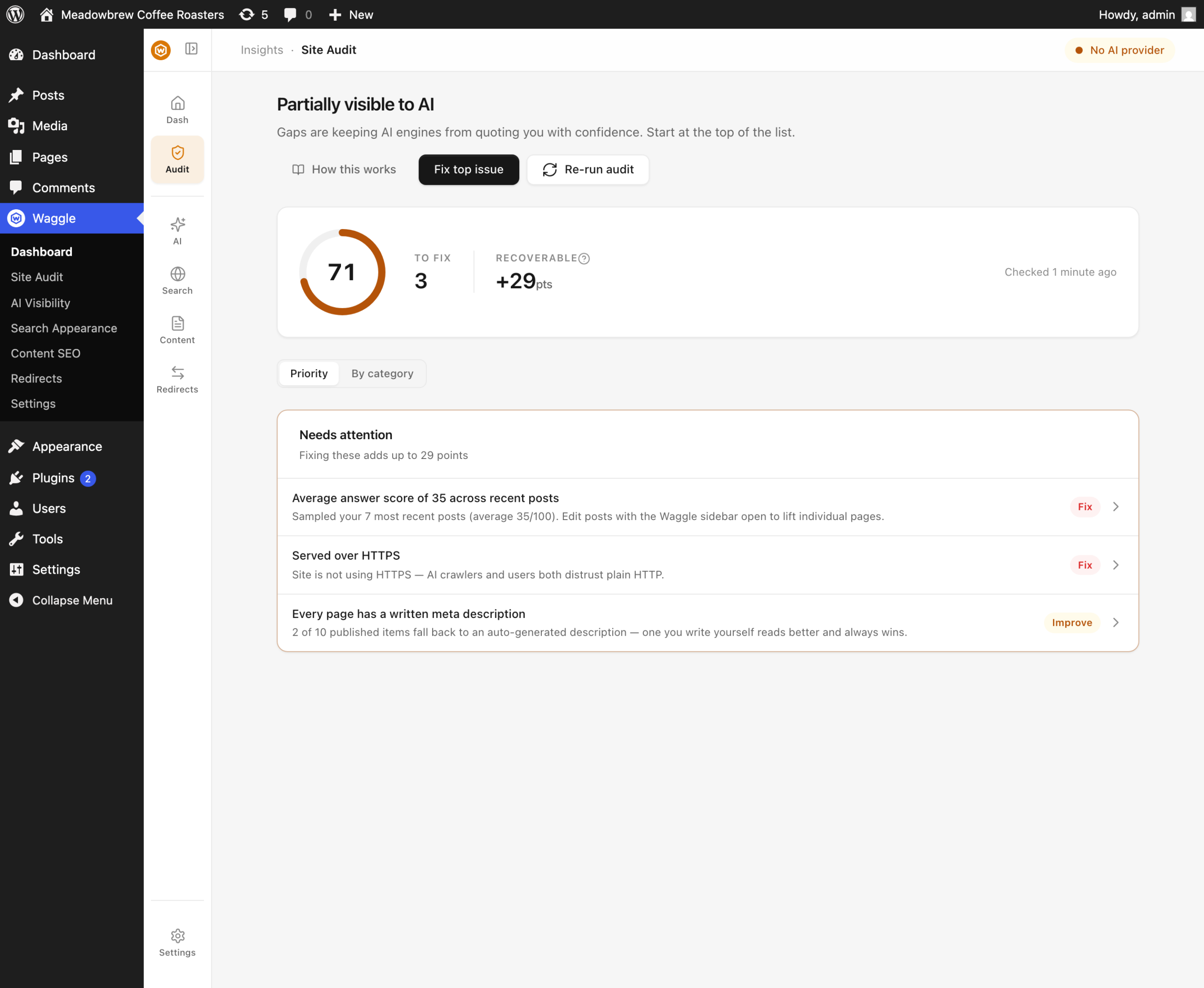 The Waggle Site Audit screen listing findings with Fix and Improve badges