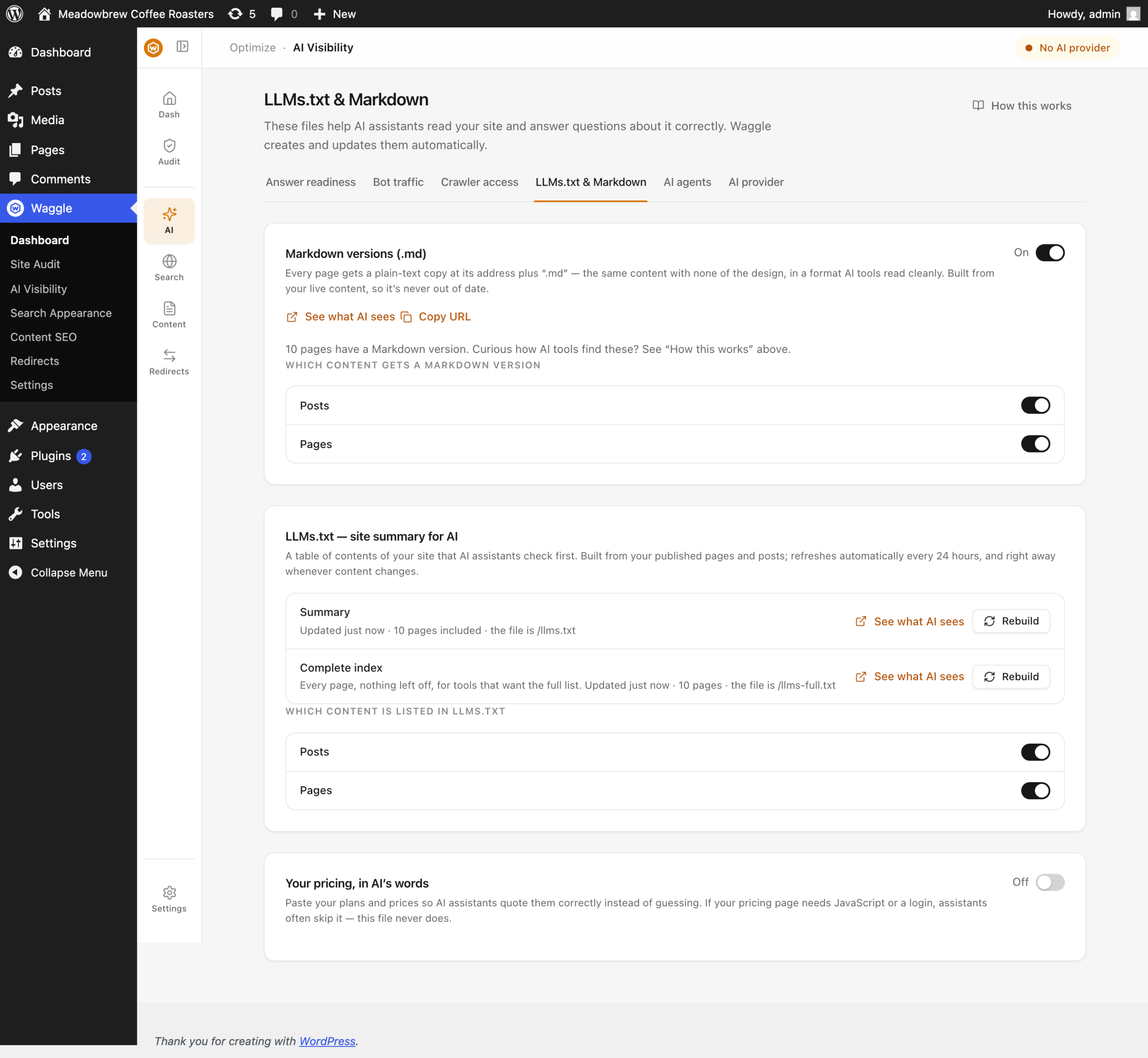 Waggle's LLMs.txt & Markdown screen showing the Markdown versions (.md), site summary, complete site index and pricing cards