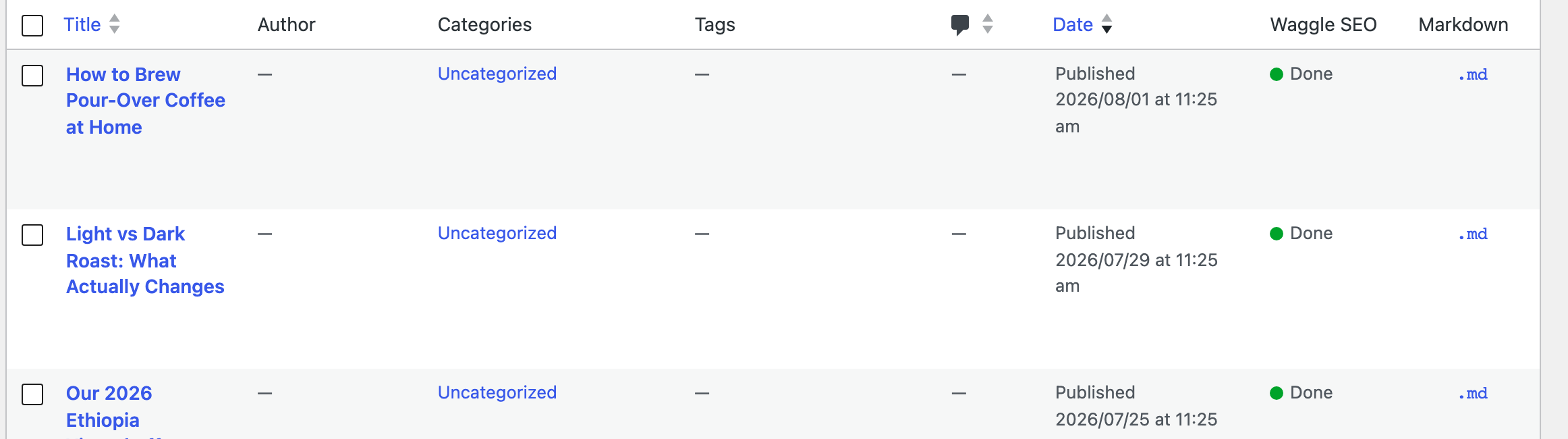 The Pages list with Waggle's Markdown column, showing a .md link for a published page and a dash for a draft