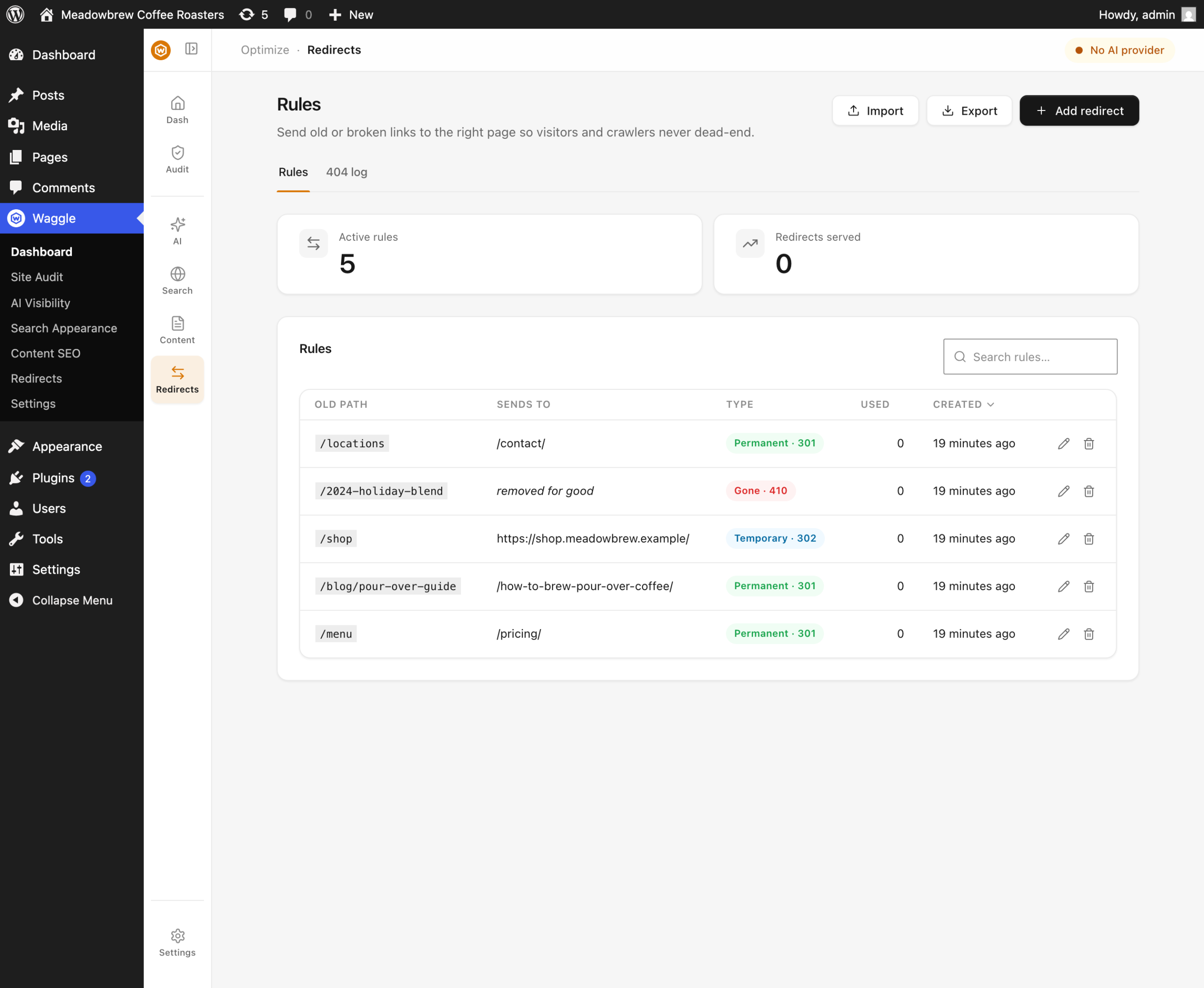 Waggle's Redirects screen listing redirect rules with hit counts