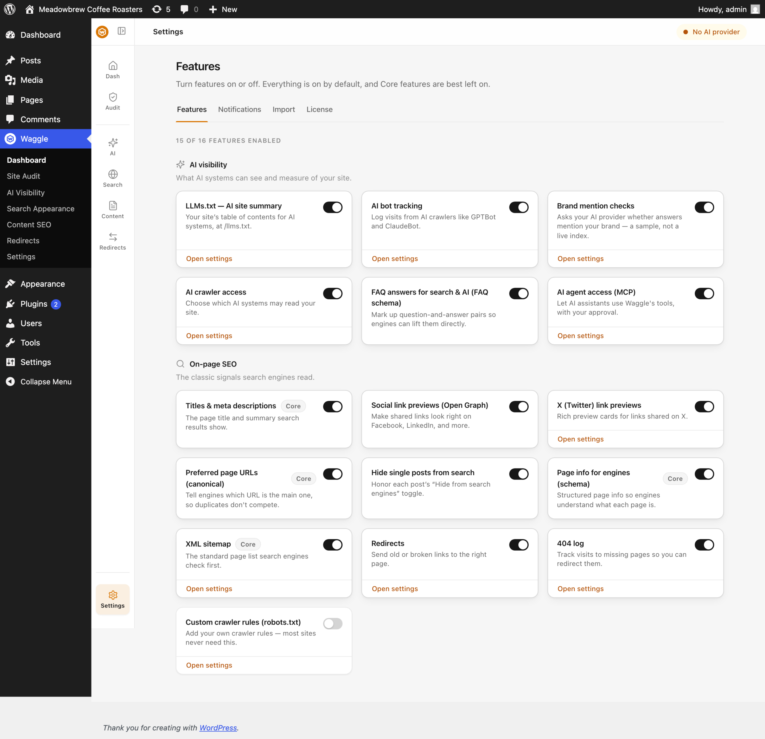 Waggle's Features screen with per-module on/off toggles, AEO features listed first