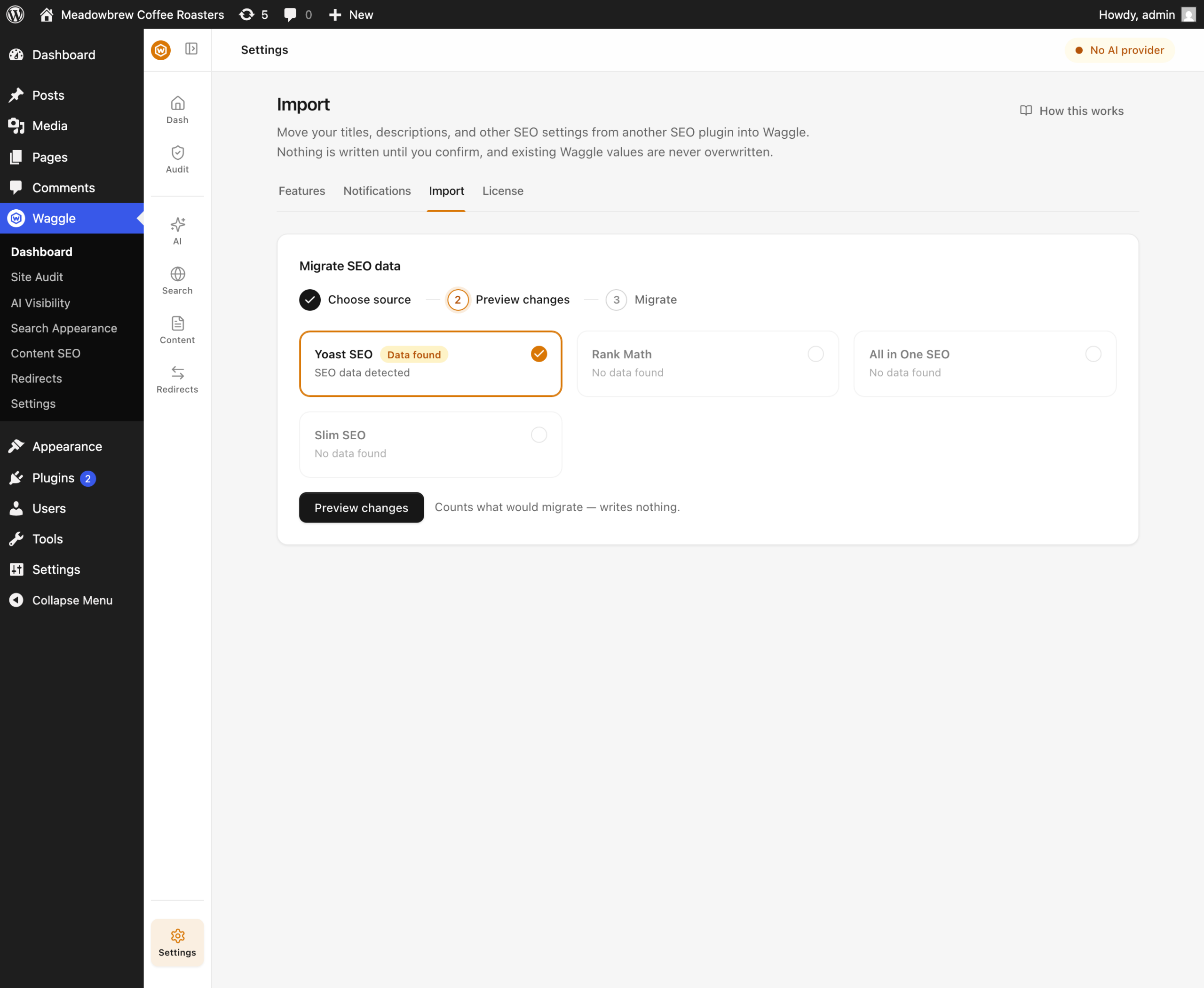Waggle's Import screen showing the three migration steps